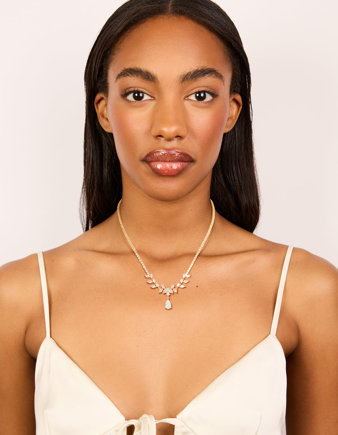 Gold Plated Cubic Zirconia Flower Vine Drop Necklace