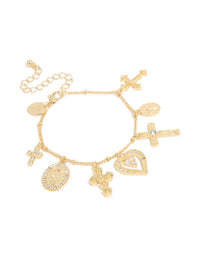 Gold Plated Diamante Large Cross & Heart Charms Bracelet - link has visual effect only