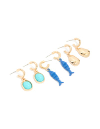 Gold Small Fish & Pebble Open Hoop Earrings 3-Pack - link has visual effect only