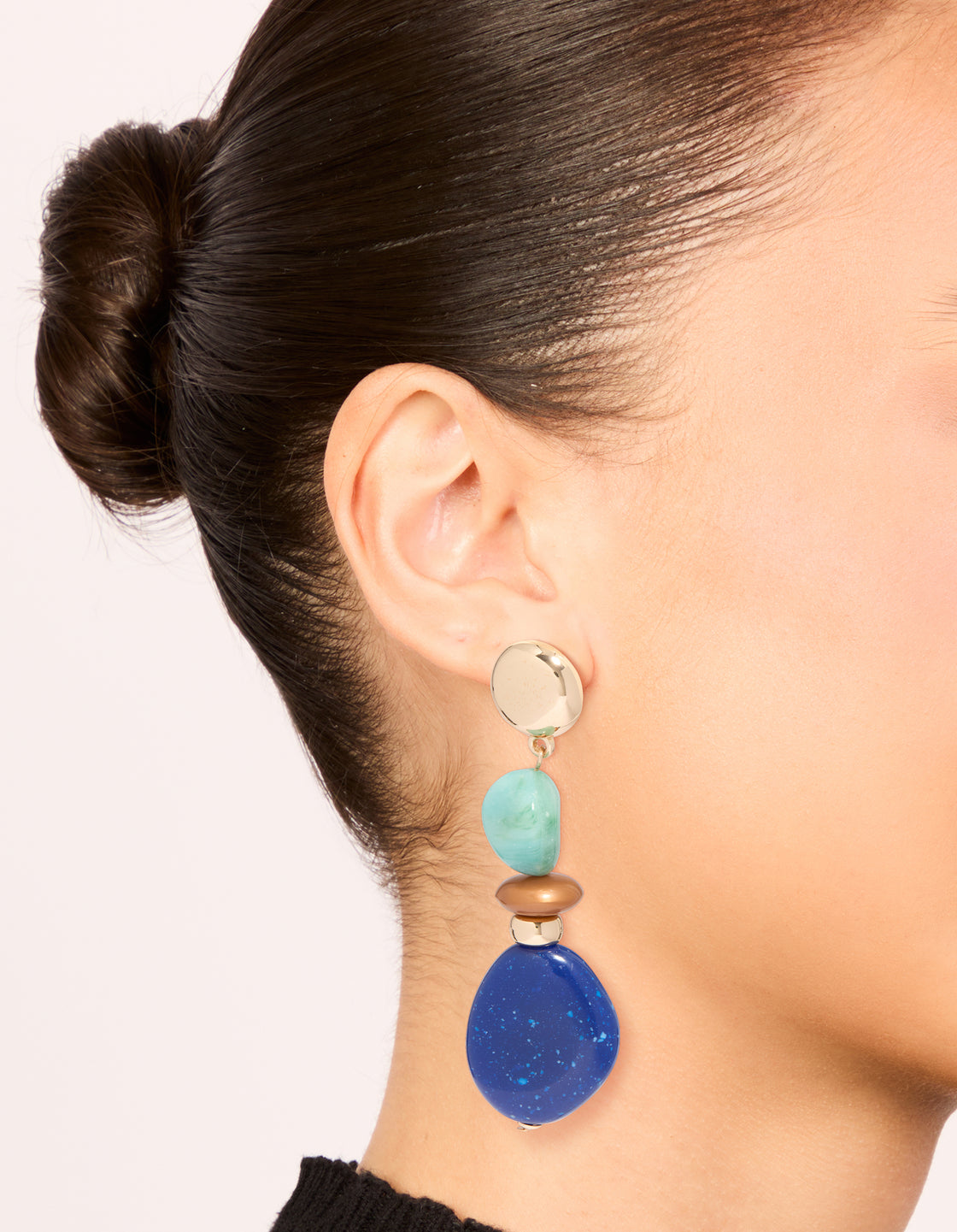 Gold Light & Dark Blue Acrylic Bead Drop Earrings