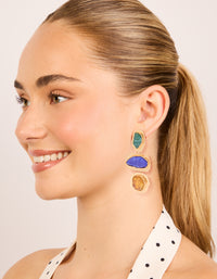 Worn Gold Blue & Green Acrylic Triple Layered Drop Earrings - link has visual effect only