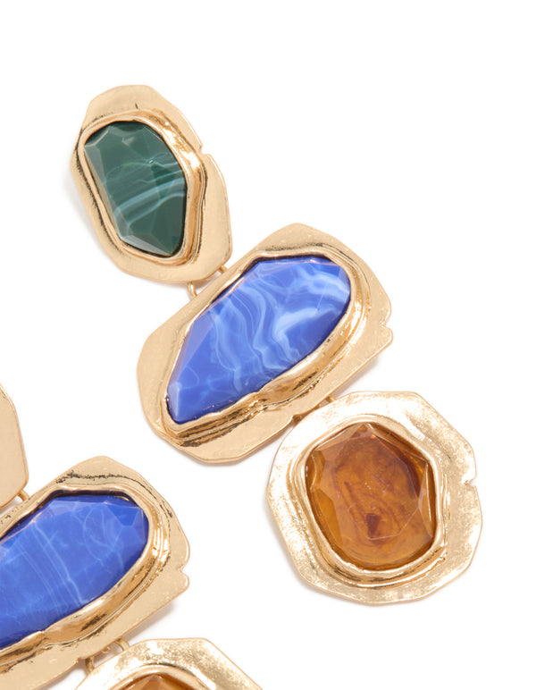 Worn Gold Blue & Green Acrylic Triple Layered Drop Earrings