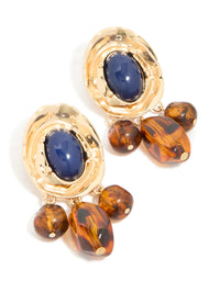 Gold Dark Blue Acrylic & Brown Beaded Medallion Drop Earrings - link has visual effect only