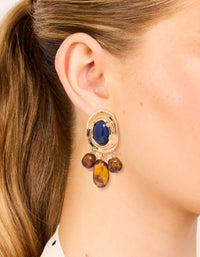 Gold Dark Blue Acrylic & Brown Beaded Medallion Drop Earrings - link has visual effect only