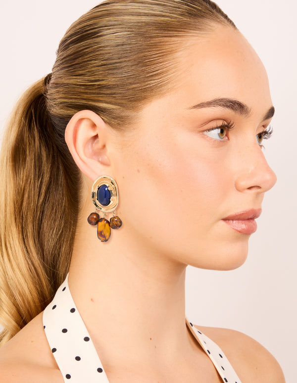 Gold Dark Blue Acrylic & Brown Beaded Medallion Drop Earrings