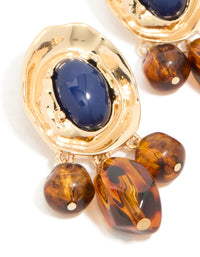Gold Dark Blue Acrylic & Brown Beaded Medallion Drop Earrings - link has visual effect only