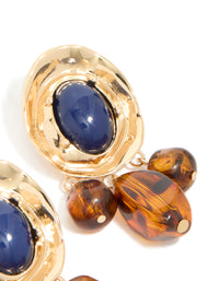 Gold Dark Blue Acrylic & Brown Beaded Medallion Drop Earrings - link has visual effect only