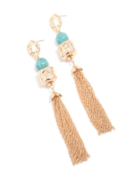 Gold Aqua Beaded Hammered Chain Drop Earrings - link has visual effect only
