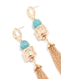 Gold Aqua Beaded Hammered Chain Drop Earrings - link has visual effect only