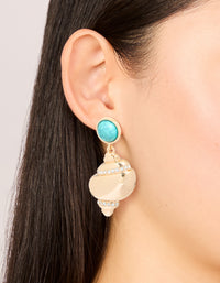 Gold Shell & Turquoise Stone Stud Drop Earrings - link has visual effect only