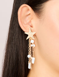 Gold Pearl Star Fish Chain Drop Earrings - link has visual effect only