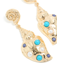 Gold Shell & Blue White Dotted Drop Earrings - link has visual effect only
