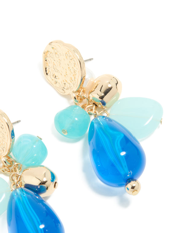 Gold Textured & Blue Beaded Drop Earrings