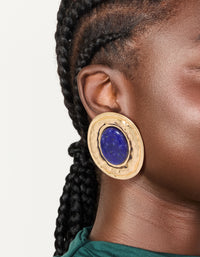 Worn Gold Round Hammered Dark Blue Acrylic Stud Earrings - link has visual effect only
