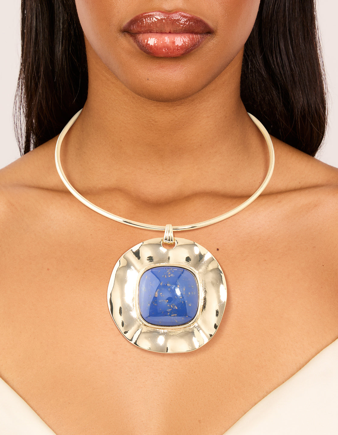 Gold Dark Blue Speckled Resin Large Pendant Choker Torque Necklace
