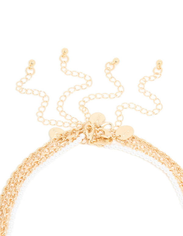 Gold Blue Beaded & Pearl Chain Layered Necklace