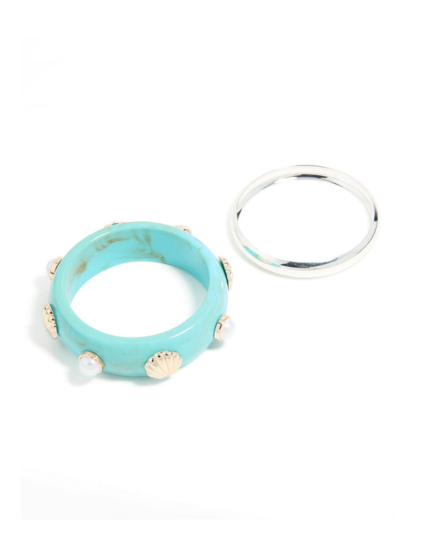 Silver & Light Blue Shell Bangles 2-Pack