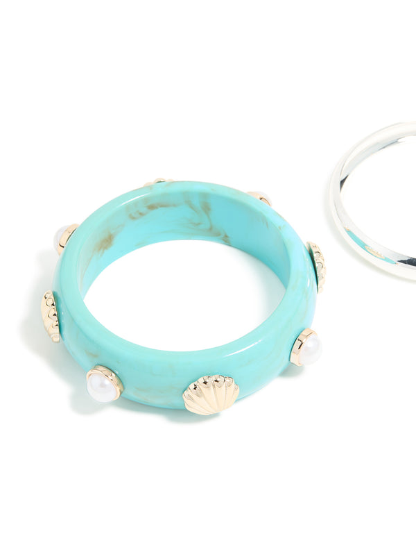 Silver & Light Blue Shell Bangles 2-Pack