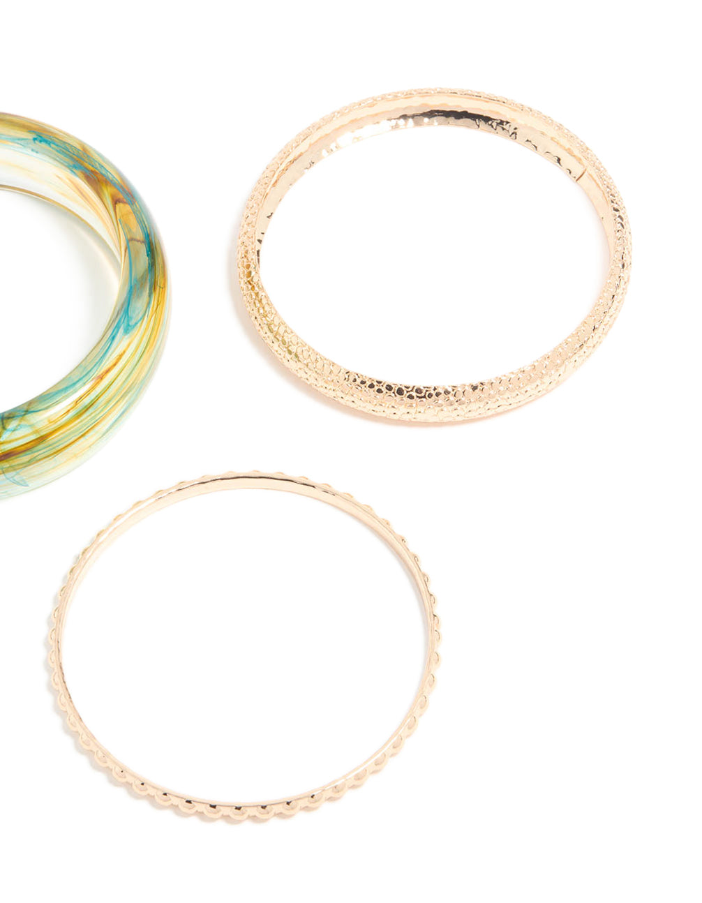 Showcasing marble pattern bangles in gold and light blue in a 3-pack close up view