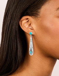 Antique Silver Turquoise Stone Thin Celestial Pattern Drop Earrings - link has visual effect only