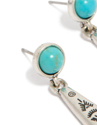 Antique Silver Turquoise Stone Thin Celestial Pattern Drop Earrings - link has visual effect only
