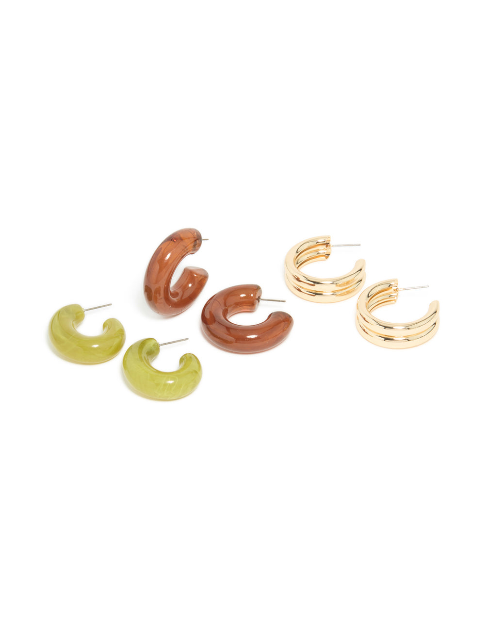 Gold Green & Brown Enamel Open Hoop Earrings 3-Pack