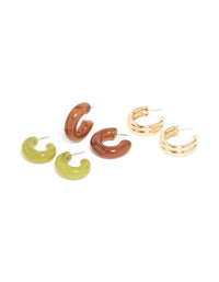 Gold Green & Brown Enamel Open Hoop Earrings 3-Pack - link has visual effect only