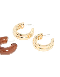 Gold Green & Brown Enamel Open Hoop Earrings 3-Pack - link has visual effect only