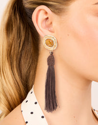 Gold Yellow Stone & Brown Knotted Tassel Drop Earrings - link has visual effect only