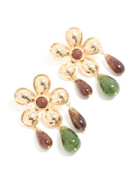 Gold Flower Brown & Green Beaded Statement Earrings - link has visual effect only