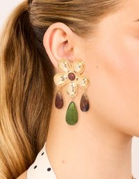 Gold Flower Brown & Green Beaded Statement Earrings - link has visual effect only