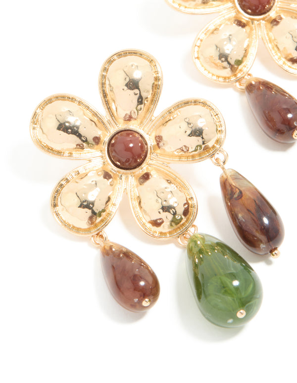 Gold Flower Brown & Green Beaded Statement Earrings