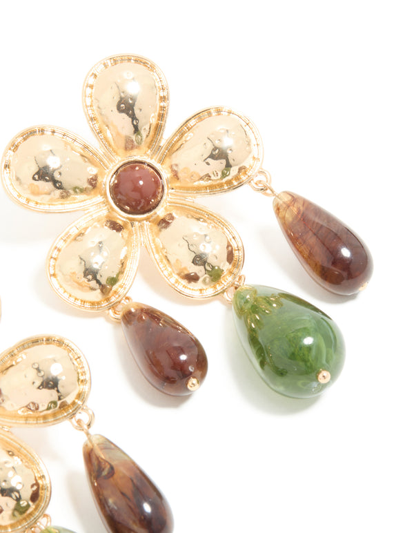 Gold Flower Brown & Green Beaded Statement Earrings
