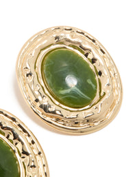 Gold Dark Green Enamel Statement Round Earrings - link has visual effect only