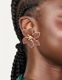 Gold Brown Enamel Swirl Statement Flower Stud Earrings - link has visual effect only