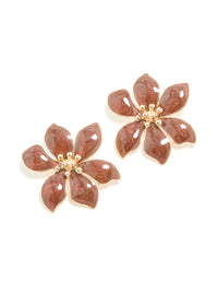 Gold Brown Enamel Swirl Statement Flower Stud Earrings - link has visual effect only