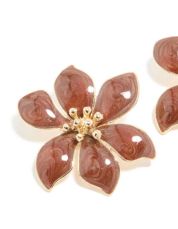 Gold Brown Enamel Swirl Statement Flower Stud Earrings