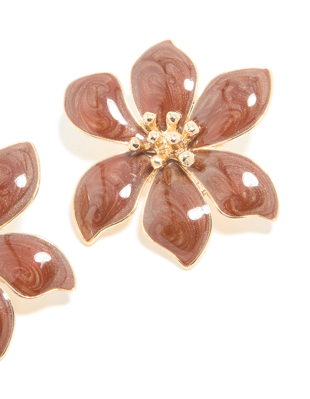 Gold Brown Enamel Swirl Statement Flower Stud Earrings