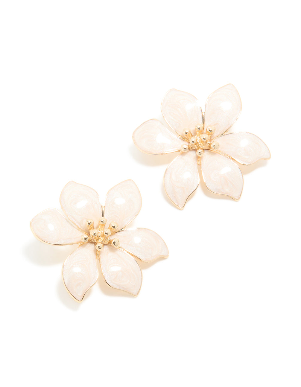 Gold Cream Enamel Swirl Statement Flower Stud Earrings