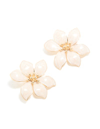Gold Cream Enamel Swirl Statement Flower Stud Earrings - link has visual effect only