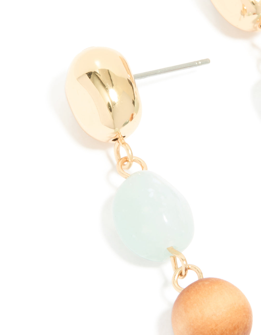 Gold Blue Beaded & Wood Organic Drop Earrings
