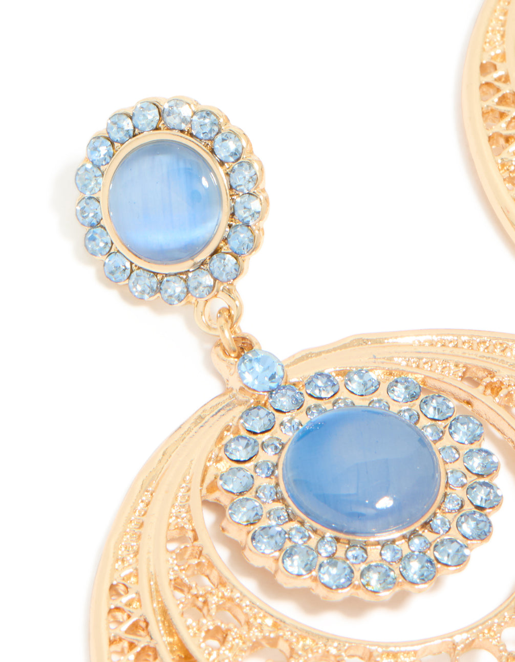 Gold Light Blue Stone & Diamante Detailed Boho Drop Earrings