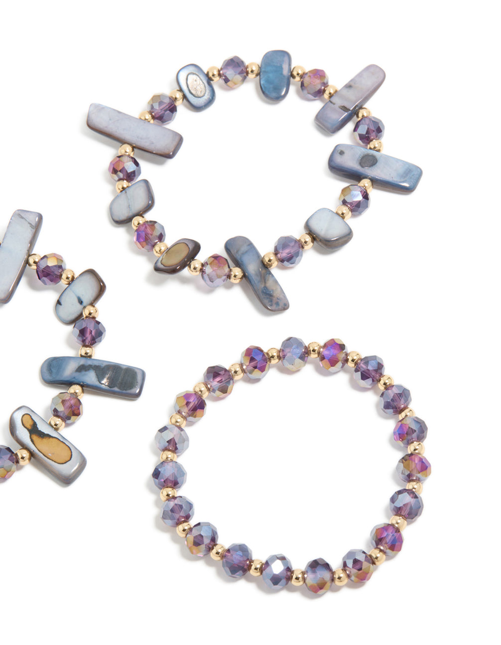 Gold Purple & Blue Beaded Stretch Bracelets 3-Pack