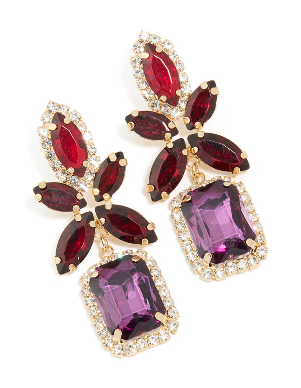 Gold Red & Purple Diamante  Flower Square Drop Earrings