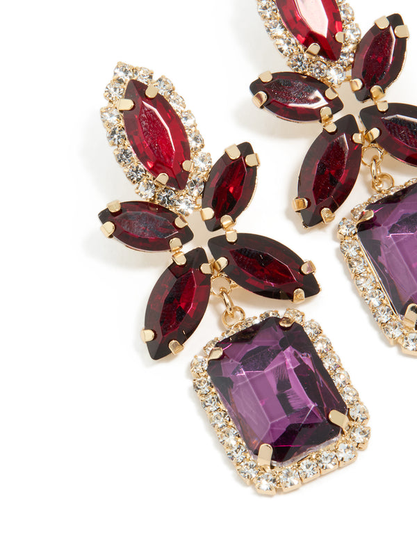 Gold Red & Purple Diamante  Flower Square Drop Earrings