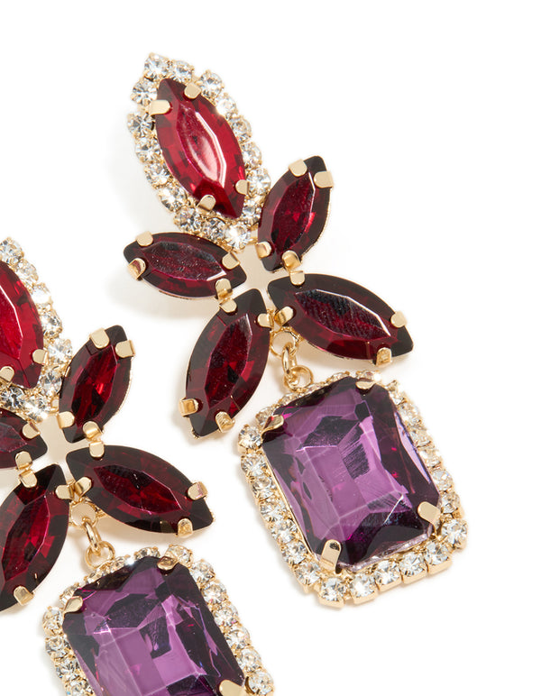 Gold Red & Purple Diamante  Flower Square Drop Earrings