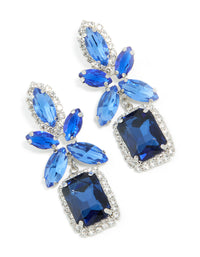 Silver Blue Diamante Square Flower Drop Earrings - link has visual effect only