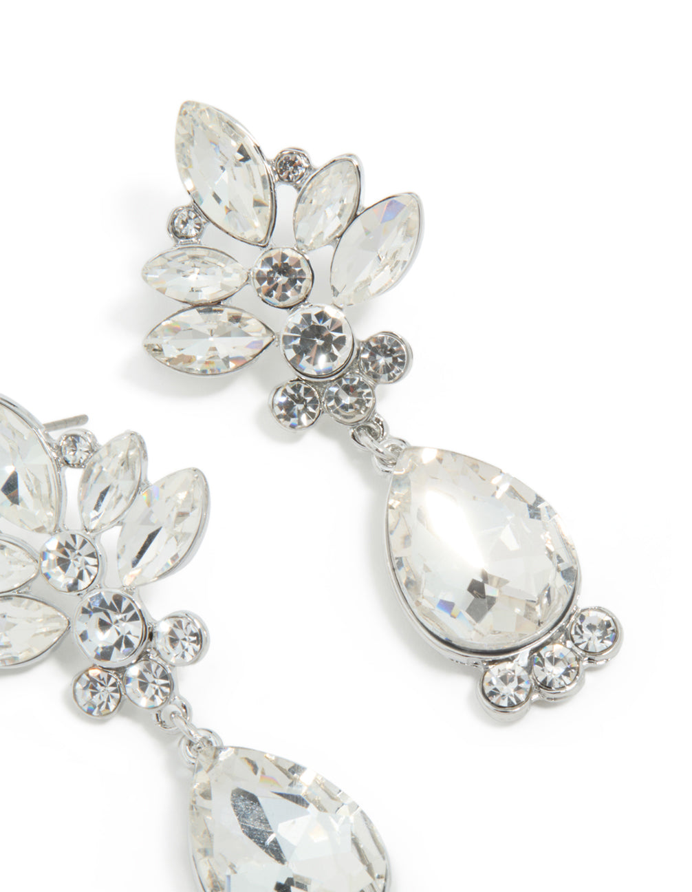 Designed with silver diamante floral and single drop earrings in white detail