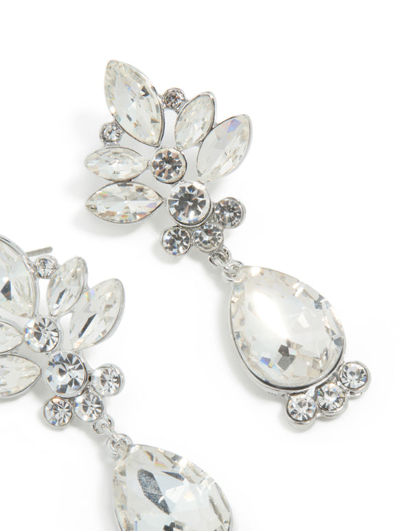 Silver Diamante Floral & Single Drop Earrings
