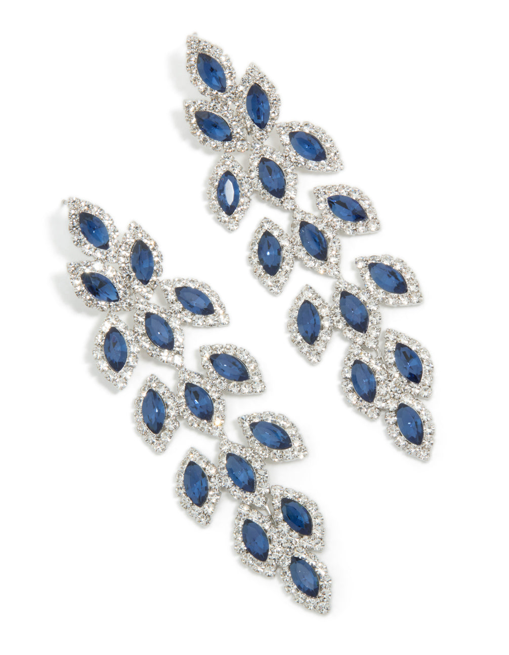 Elegant statement drop earrings featuring royal blue diamantes in pear cut crafted from silver front view